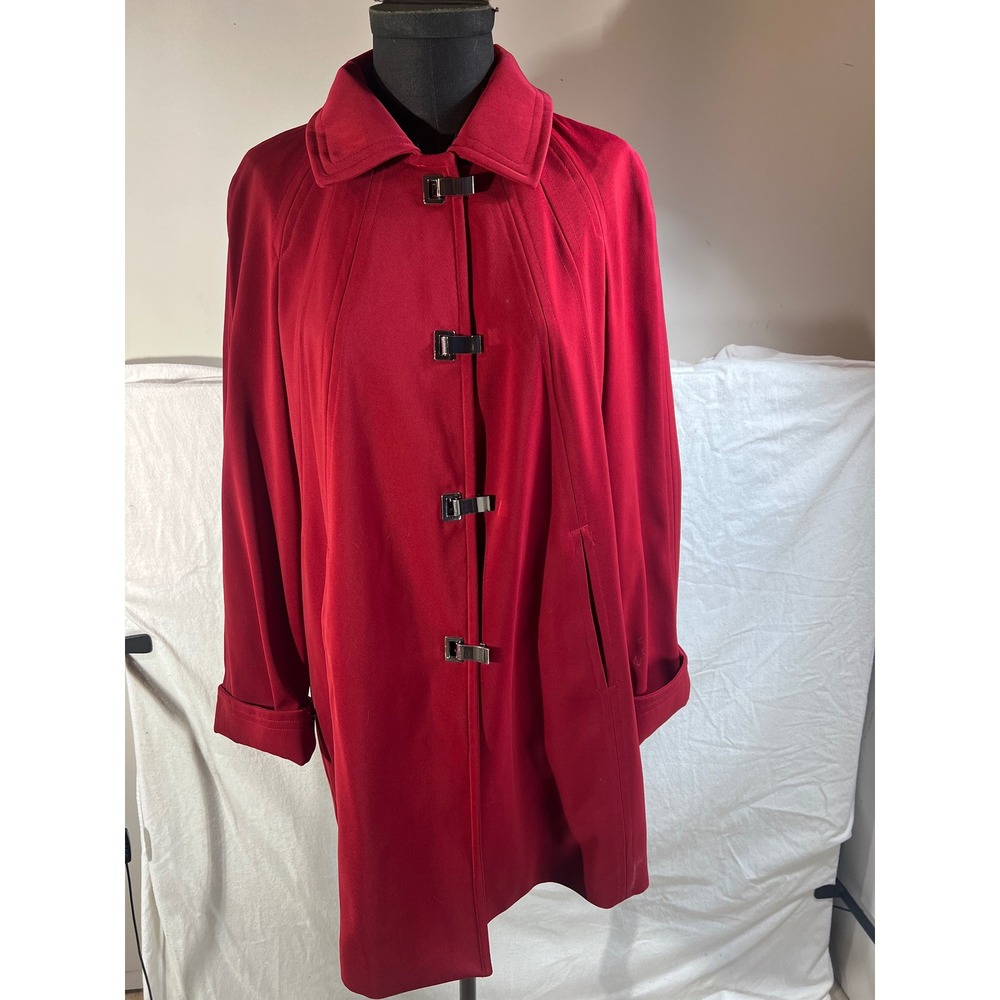 Womens Red Car Coat Silver Metal Toggle Closure Mid-Length Jacket